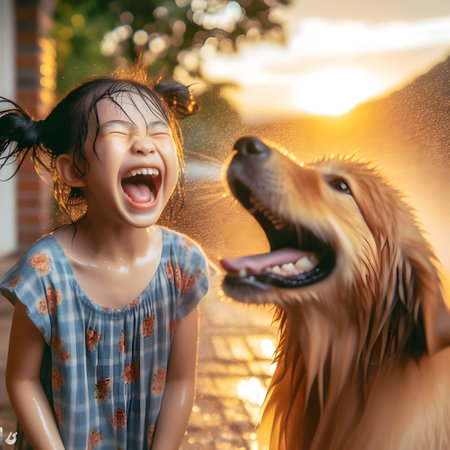 Little girl playing with her golden retriever dog on a sunny dayの素材