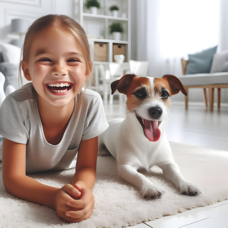 Little girl and her dog jack russell terrier at homeの素材