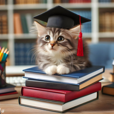 Cute little kitten with graduation cap and books on table in libraryの素材