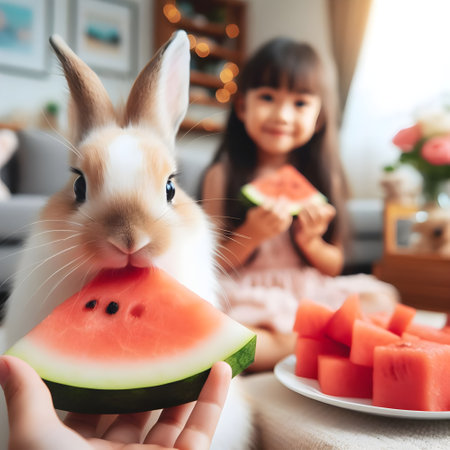 Little girl feeding watermelon to cute bunny in the living room.の素材