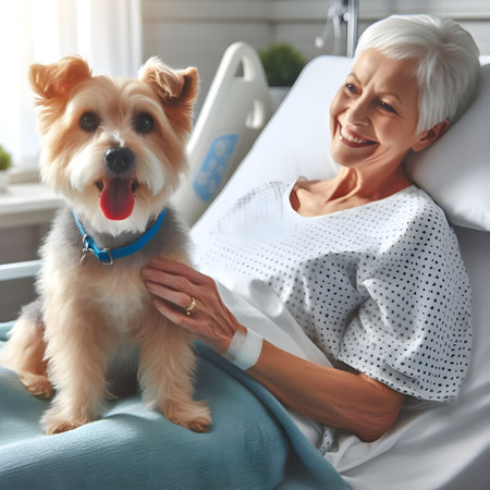 Portrait of a happy senior woman with her emotional support dog in a hospital bedの素材