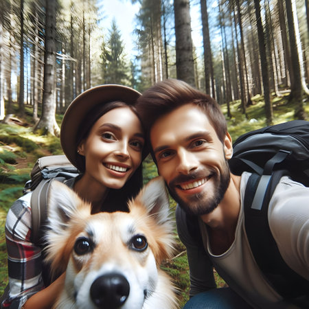 young happy couple with dog in the forest, travel together, lifestyle people conceptの素材