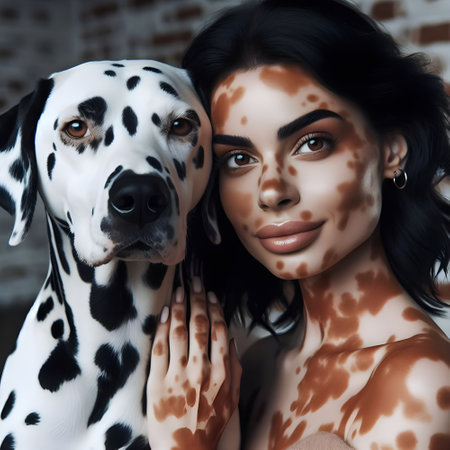 Portrait of a beautiful woman with a dalmatian dog. Both have vitiligo skin condition.の素材