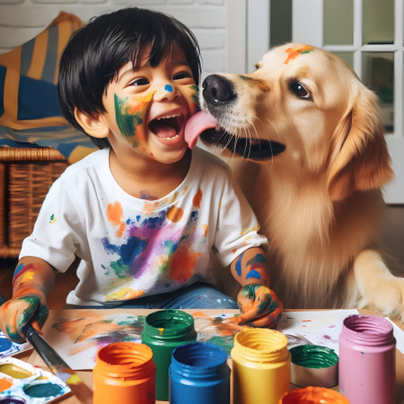 little cute asian boy painting with his dog at home, lifestyle people conceptの素材