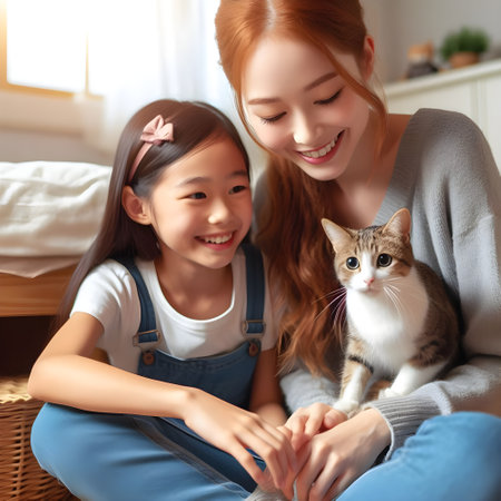 happy asian mother and daughter with cat sitting on sofa at homeの素材