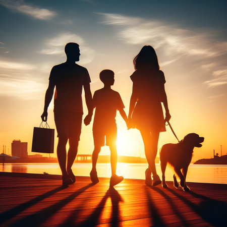 Silhouette of a happy family walking with a dog at sunsetの素材
