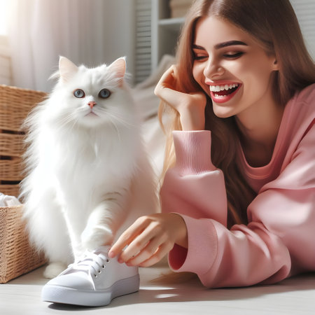 Beautiful young woman with cat at home. Girl in pink sweaterの素材