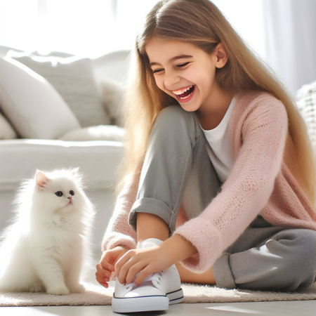 Cute little girl playing with her cat while sitting on floor at homeの素材