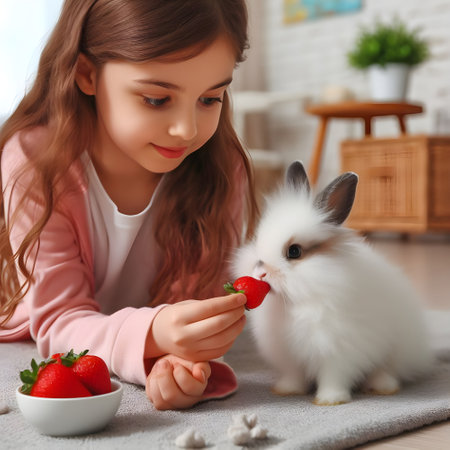 Cute little girl with cute bunny and strawberry at home, closeupの素材