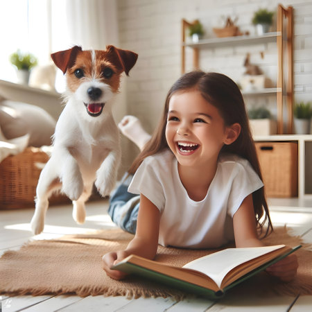 Cute little girl is reading a book and having fun with her dog at home.の素材
