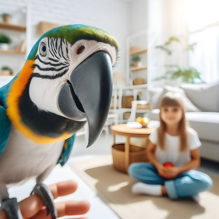 Cute little girl sitting on the floor and playing with a parrot.の素材