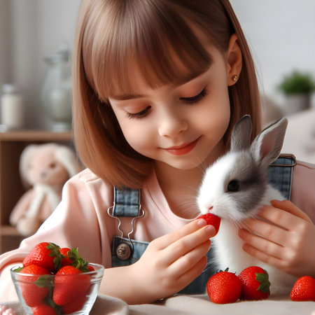 cute little girl playing with a white rabbit and strawberries at homeの素材