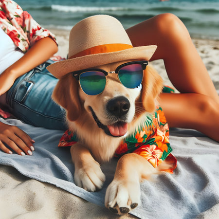 Cute golden retriever dog in hat and sunglasses lying on the beachの素材