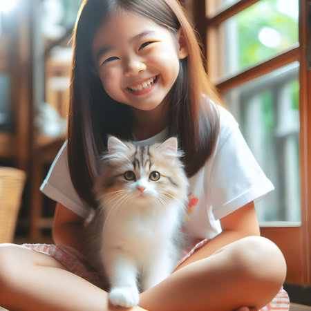 Beautiful asian girl playing with cat at home, selective focus.の素材