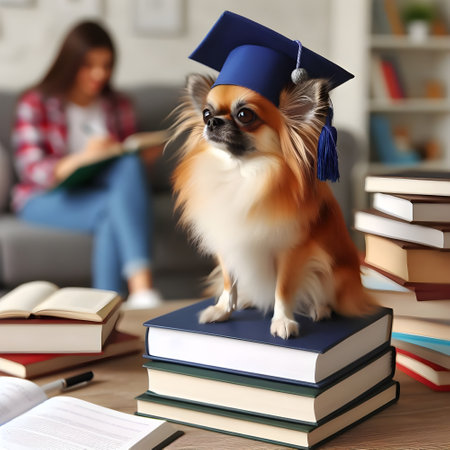 Cute chihuahua dog in graduation cap on books at home with owner lady studying in background blurredの素材