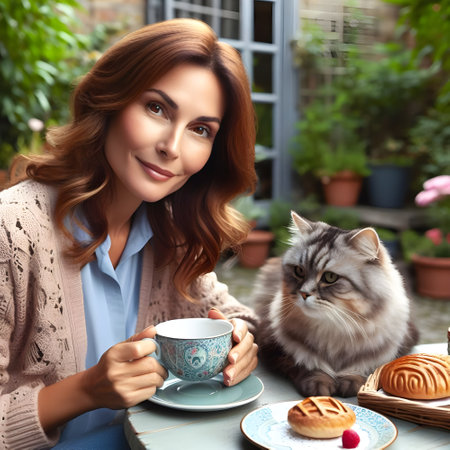 Portrait of beautiful woman with cat at table in cafe.の素材