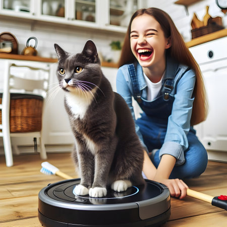 Young woman cleaning the floor with a vacuum cleaner at home. Girl laughing at cat.の素材