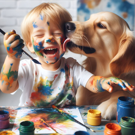 Cute laughing little boy and his dog painting with watercolor paints at homeの素材