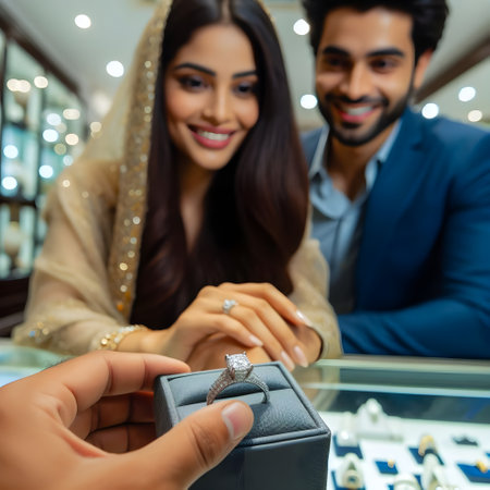 selective focus of happy indian couple choosing engagement ring in jewelry storeの素材