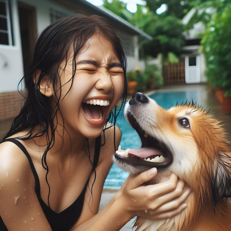 young pretty asian woman with cute dog in swimming pool, lifestyle people conceptの素材