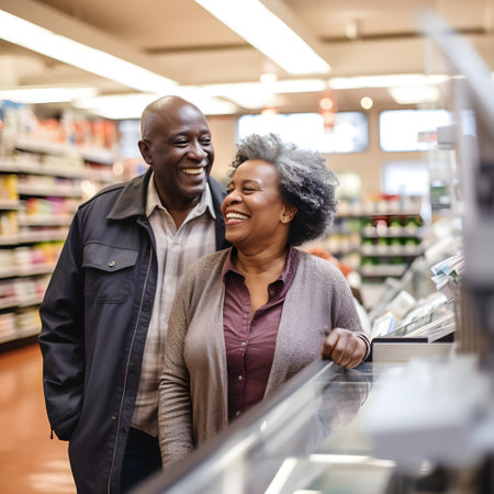 Happy african american couple shopping in supermarket. Mature man and woman looking at each other and smiling.の素材