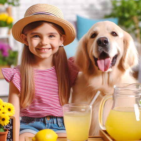 Little girl with her dog and juice in the kitchen, close upの素材