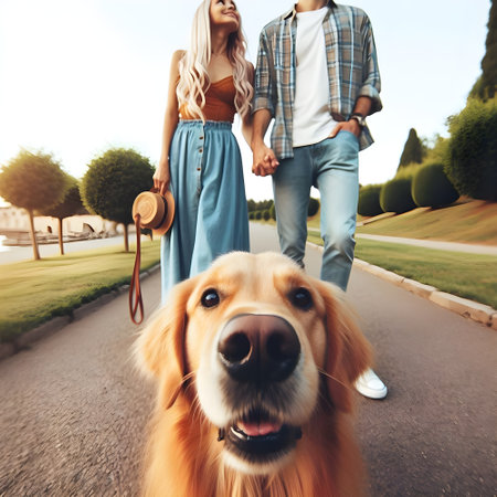 Couple walking in the park with golden retriever dog. Couple walking with dog in the park.の素材