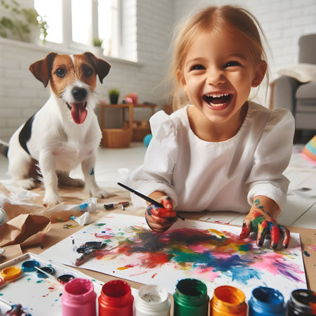 Cute little girl painting with her dog at home. Kid painting with her petの素材