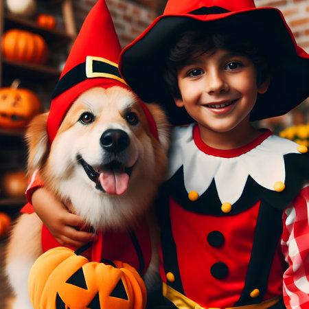 Cute little boy and girl in halloween costumes with dog.の素材