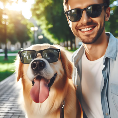 Close up portrait of handsome young man with golden retriever dog in sunglasses.の素材
