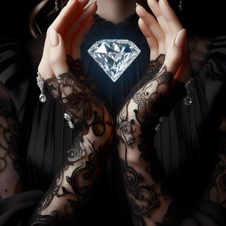 Diamond in hands of a girl in a black dress on a black backgroundの素材