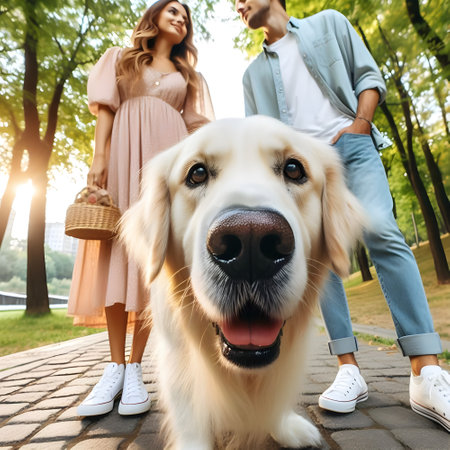 cropped view of happy young couple with golden retriever dog in parkの素材
