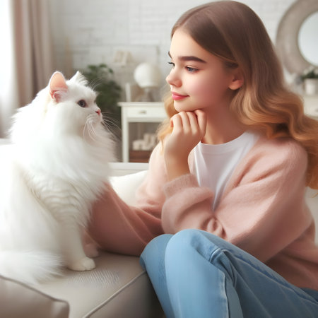 Beautiful young woman with cat on sofa at home. Pet careの素材
