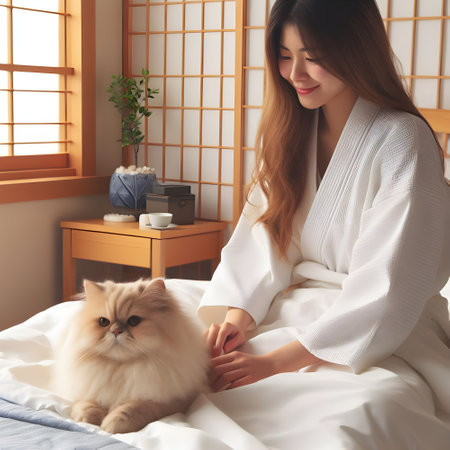 Young woman with cute cat on bed at home. Pet care conceptの素材