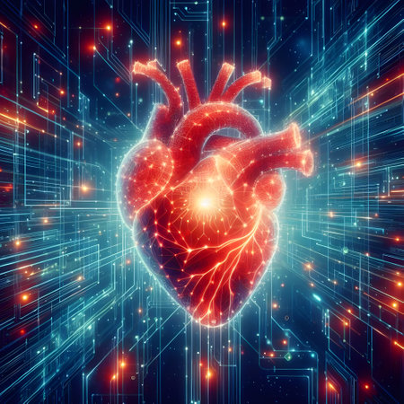 Human heart on digital background, 3d rendering. Computer digital connections medical healthcare drawing.の素材