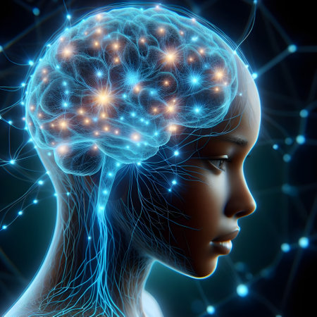 3d rendering of female head with brain and glowing connections over blue backgroundの素材