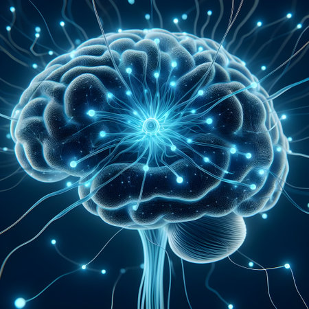 3d illustration of human brain with glowing neurons connections and nervous system.の素材