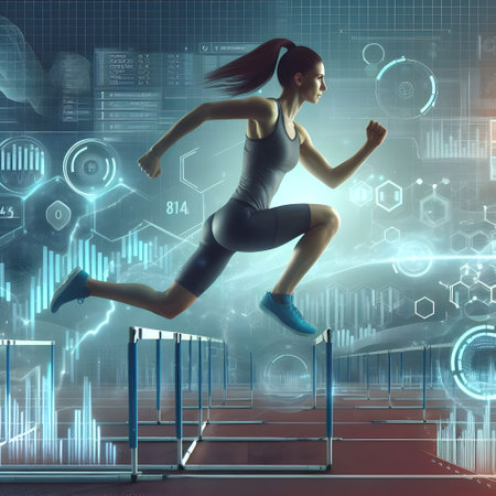 Athletic young woman jumping over a hurdle. 
 This is on a dark background with chart graphic readouts, sports performance analyticsの素材