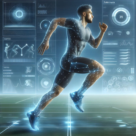 Digital composite of 3D man running on a dark background with holographic readouts, sports performance analyticsの素材