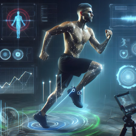 Running man in sportswear with digital interface on a dark background with holographic readouts, sports performance analyticsの素材