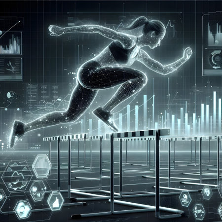 Digital composite of 3d female runner doing  hurdle against black background with hologram holographic biometric readoutsの素材