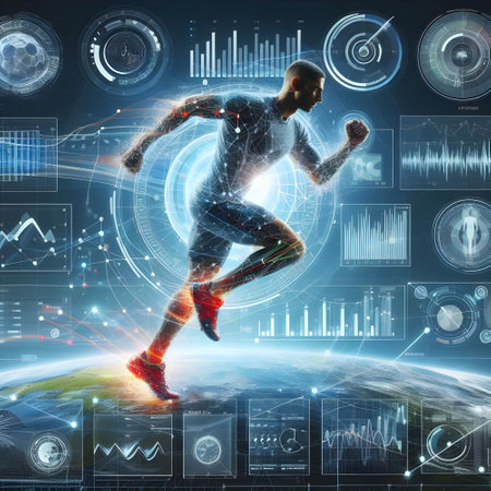Running man against digital background with media icons and graphs. Mixed mediaの素材