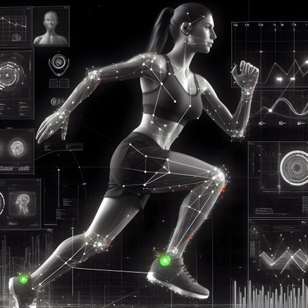 Digital composite of 3d female runner against black background with hologram holographic biometric readoutsの素材