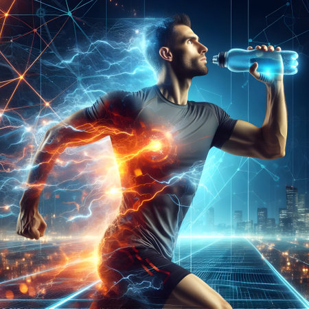Running man with bottle of water on abstract background. Sport and energy conceptの素材