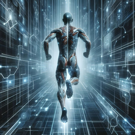 3D rendering of a human figure running on a dark background with binary codeの素材