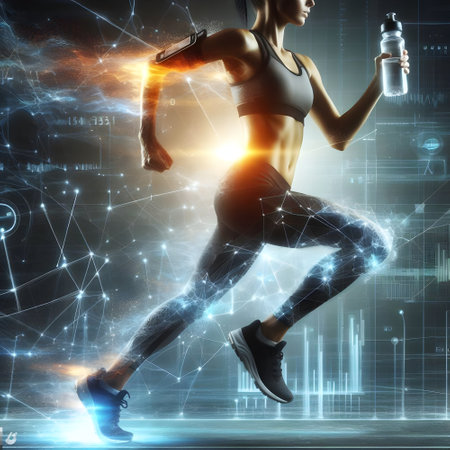 Sportswoman running with a bottle of water against futuristic blue background, energy electrolyte drink conceptの素材