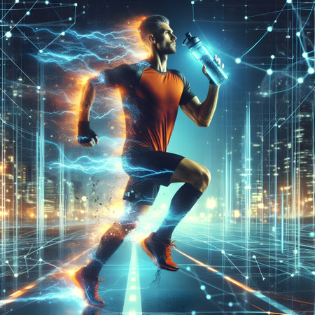 Running man with bottle of water on city background. Sport and energy concept.の素材