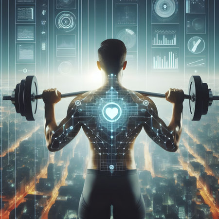 Sportsman lifting barbell over city background with virtual projection.  black background with hologram holographic biometric readouts, sports performance analytics conceptの素材
