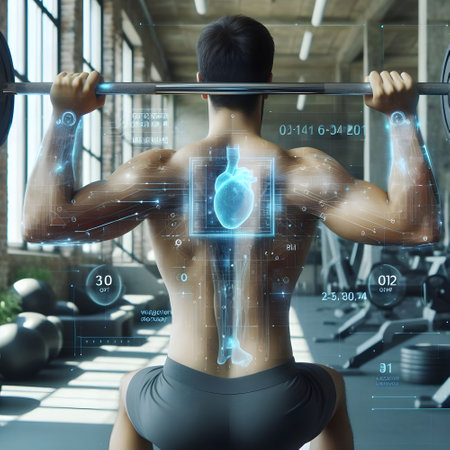 young man exercising in gym with virtual medical interface. healthcare and medicine concept with hologram holographic biometric readouts, sports performance analytics conceptの素材