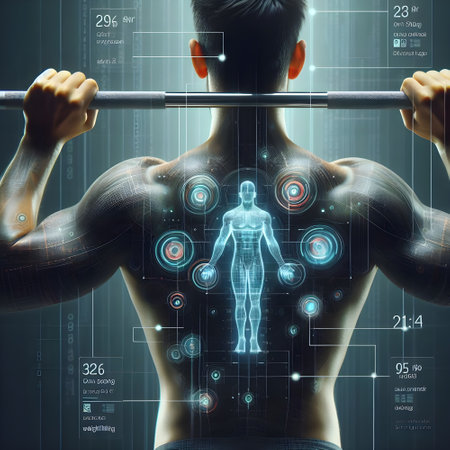 Close up of male bodybuilder lifting barbell against black background with hologram holographic biometric readouts, sports performance analytics conceptの素材